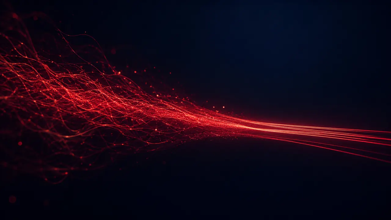 A wide tangle of red light threads on the left converging into a handful of straight parallel lines on the right