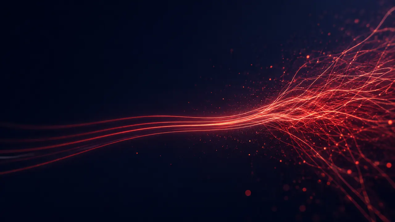 A few clean parallel lines of red light on the left dissolving into a dense scattered mesh of threads and particles on the right