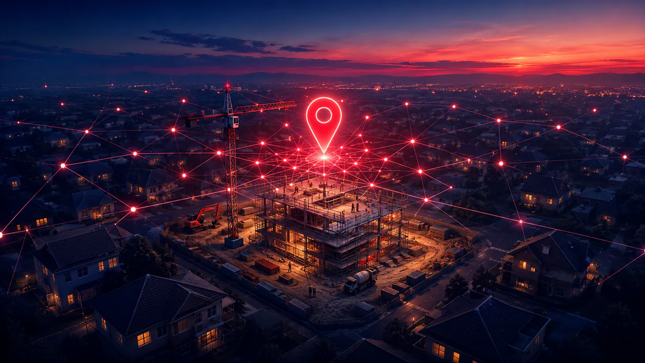 Aerial view of a construction site at dusk with a glowing location marker radiating light across the surrounding neighbourhood