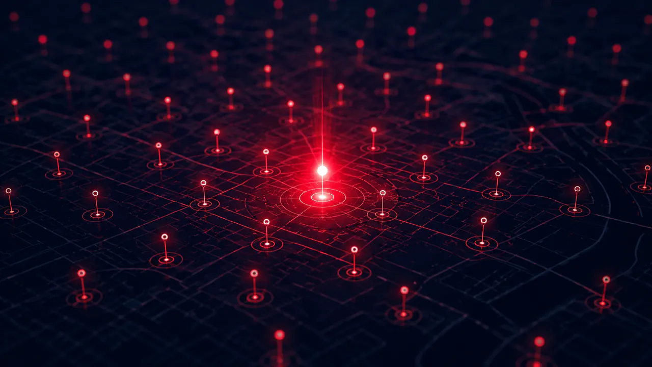 A grid of small location markers across a dark plane with one marker blazing far brighter than its neighbours