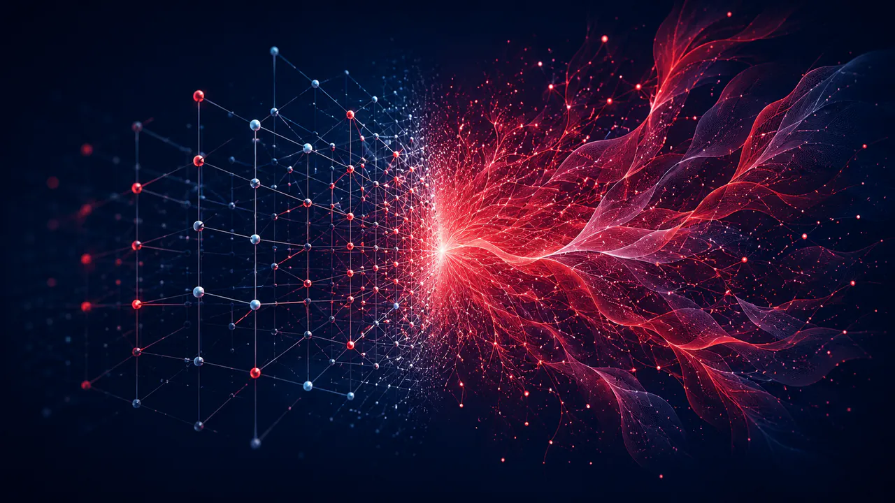 A structured grid of points on the left dissolving into an organic burst of light filaments on the right