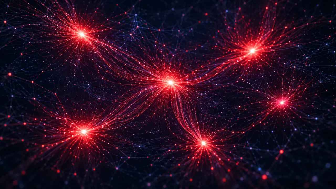 A dense network of dim nodes in which a few points glow far brighter than the rest