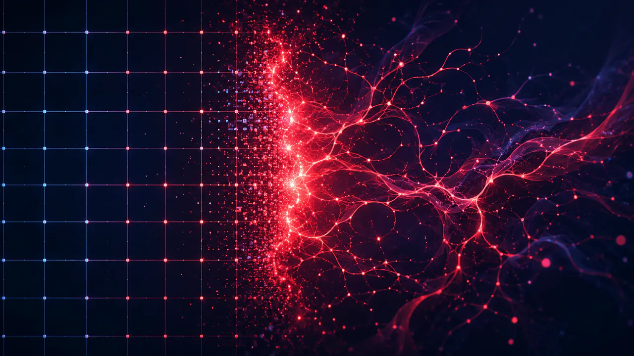 A rigid rectangular grid on the left breaking apart into a flowing organic network of light on the right