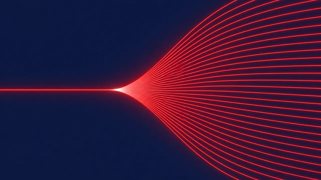 A single line of light fanning outward into dozens of identical, evenly spaced threads