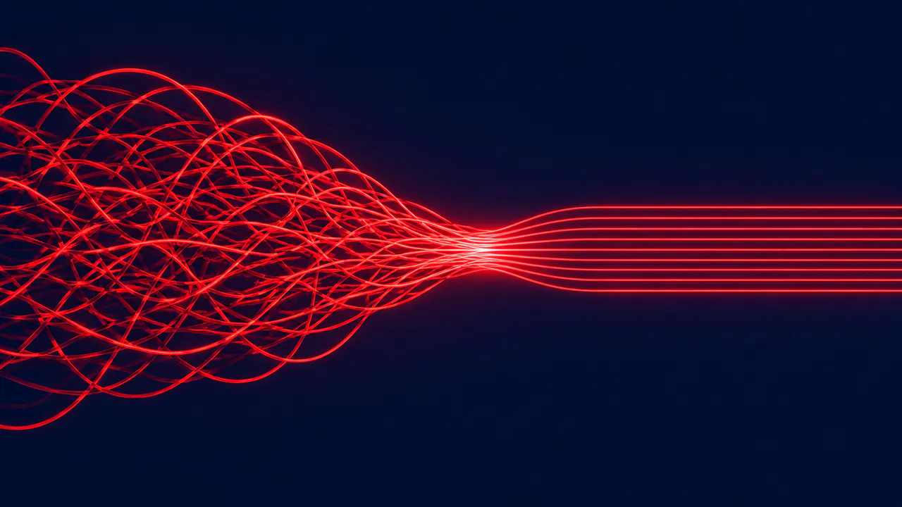 A tangle of looping light threads on the left resolving into clean parallel lines on the right