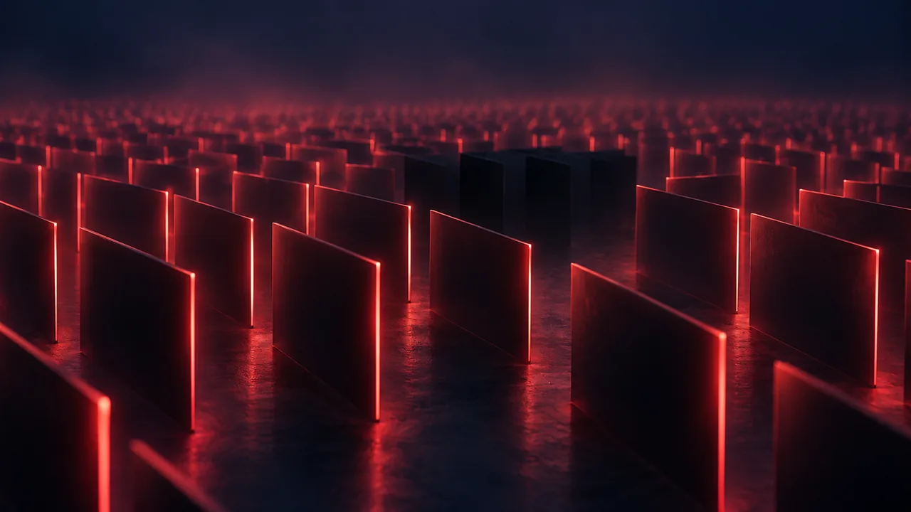 Rows of pale rectangles receding into darkness, most evenly lit, a small cluster left unlit